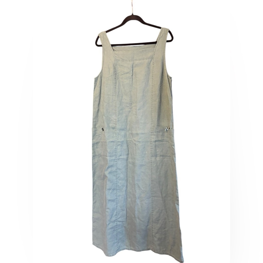 Womens 100% Linen Sleeveless Blue Green Shift Midi Dress Patch Pockets Large
